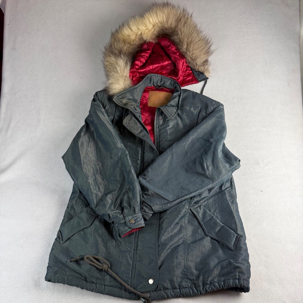 Vintage J.G. Hook Iridescent Teal Parka Fox Fur Trim Red Lining‎ Size 4